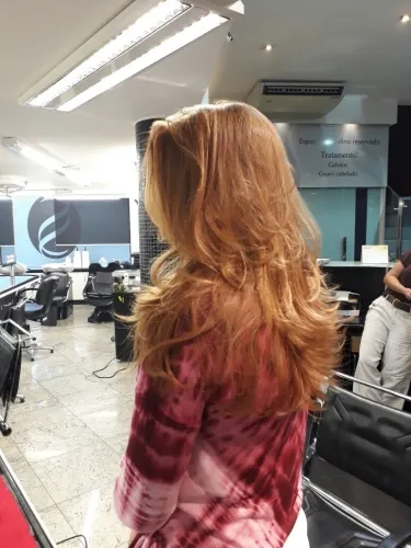 Ruivo acobreado longo com degradê de cor, visto de costas